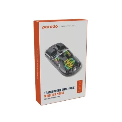 Porodo Transparent Dual-Mode Wireless Mouse Rgb Light And Magnetic Cover
